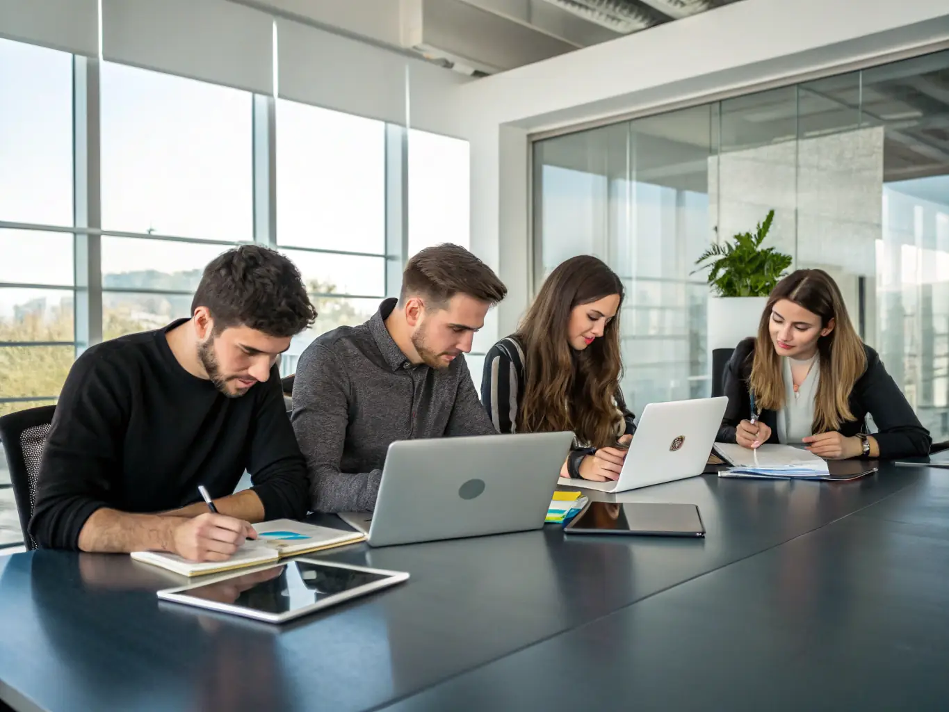A team of web developers collaborating on lines of code on multiple computer screens in a modern office setting, showcasing their expertise and teamwork.