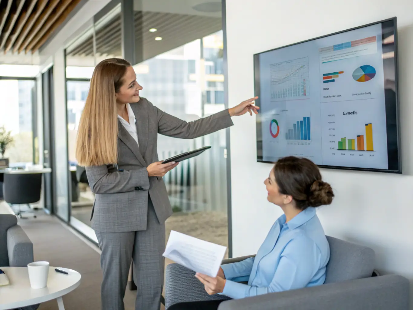 A project manager in a meeting with a client, discussing project milestones and timelines on a whiteboard, in the context of web development.
