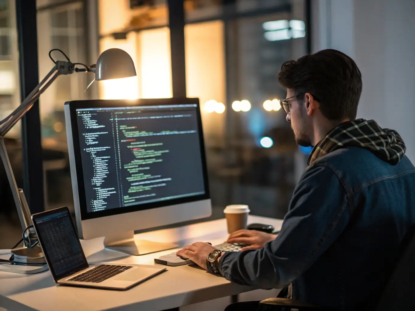 A developer coding on a computer, writing clean and efficient code for a website, in the context of web development.